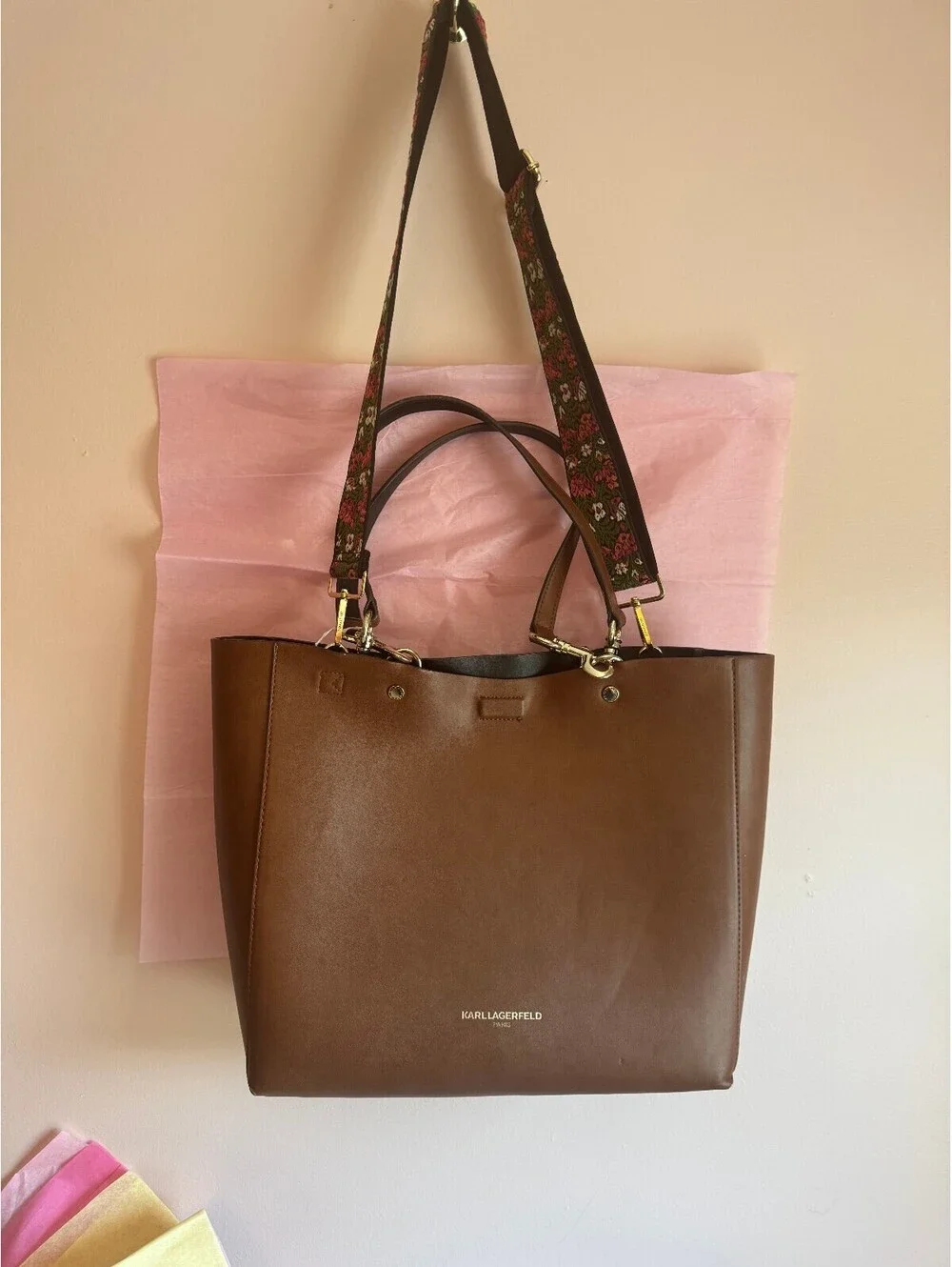 Karl Lagerfeld Paris Brown Adele Tote Bag with Tapestry Removable Strap